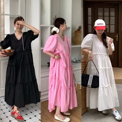 カジュアルコーデ 夏向け ティアードフレア ロングワンピース 韓国風