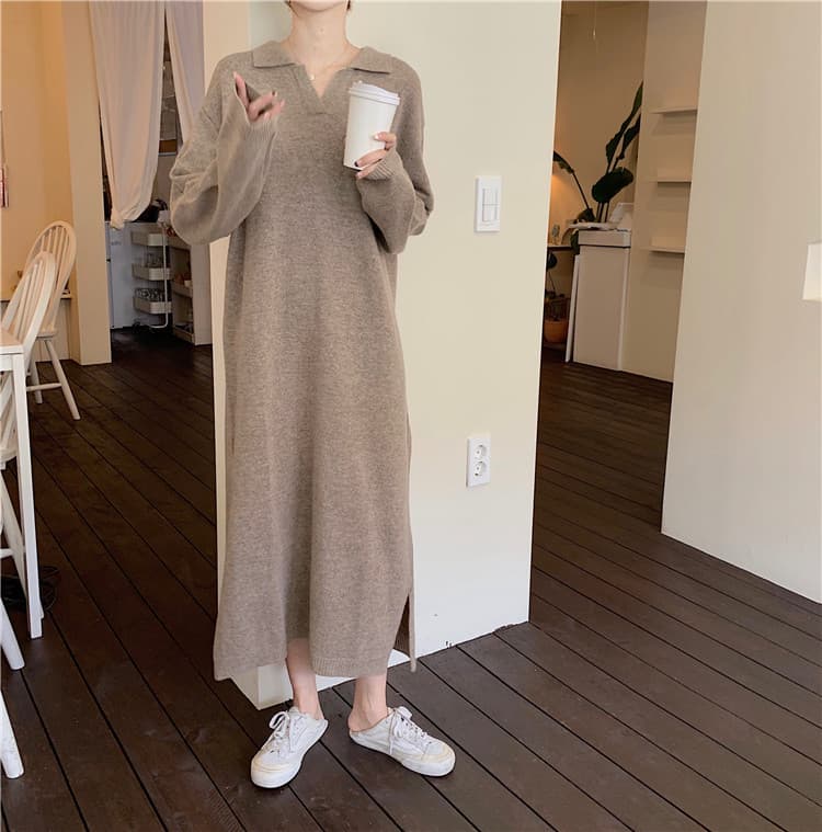 カジュアルコーデ ニットワンピース 長袖 ロング丈 体型カバー ゆったり