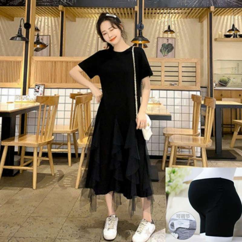 カジュアルコーデ  チュールレイヤード半袖マキシワンピース