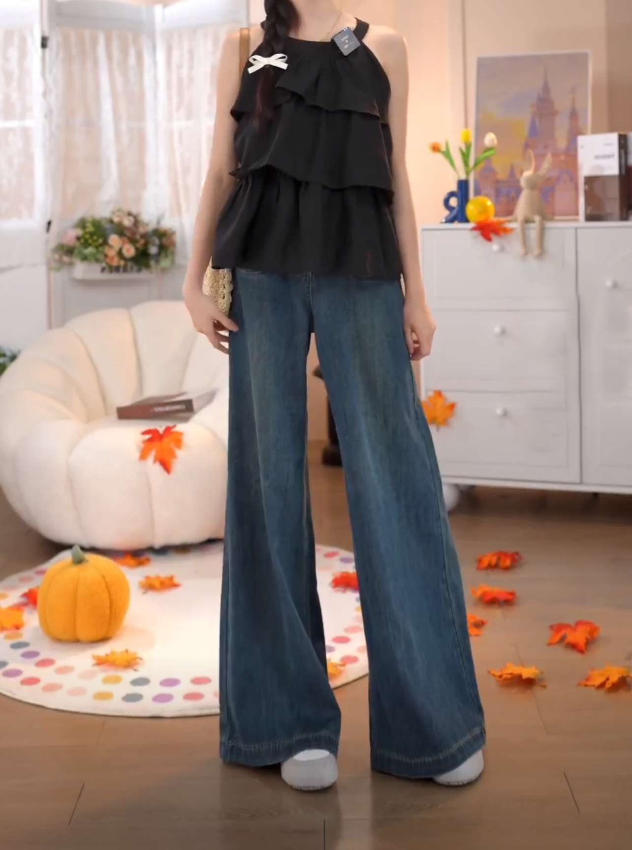 カジュアルコーデ  ワイドレッグデニムパンツ 秋冬カジュアル