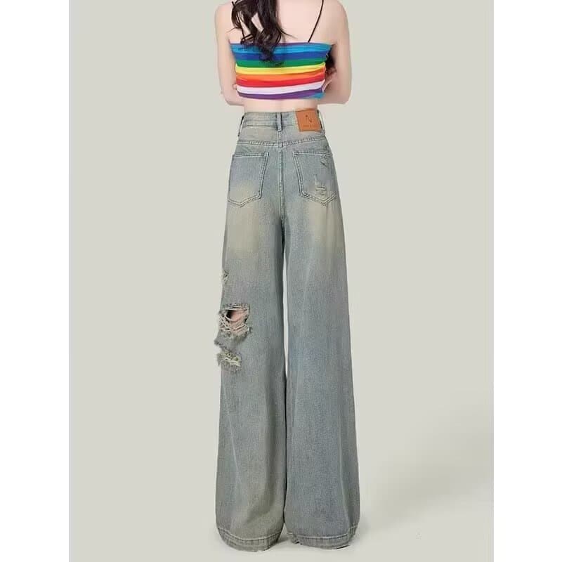 カジュアルコーデ カジュアルコーデ ダメージ加工ワイドデニムパンツ