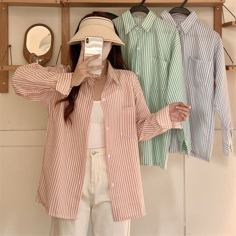 カジュアルコーデ カジュアルコーデ 爽やか縦縞オーバーサイズシャツ