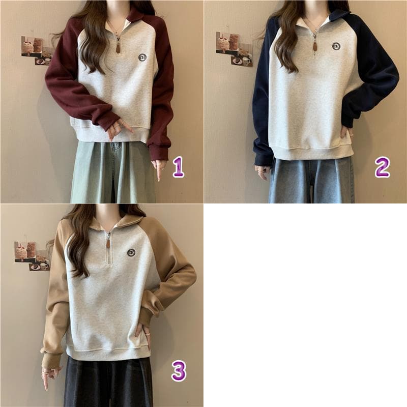 カジュアルコーデ 女性用長袖配色スウェット ハーフジップ おしゃれトップス