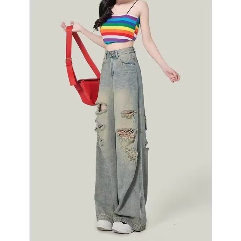 カジュアルコーデ カジュアルコーデ ダメージ加工ワイドデニムパンツ