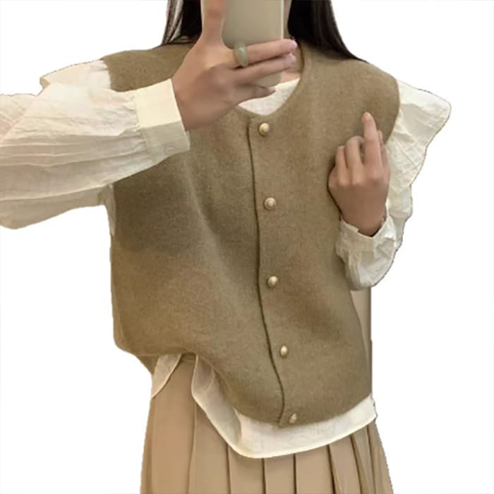 カジュアルコーデ 2025新作秋冬 ニットベスト ボタン付き ゆったり重ね着トップス