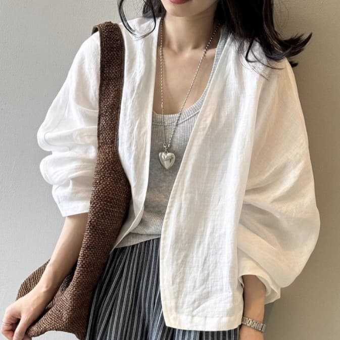 カジュアルコーデ 春夏 綿麻 薄手 ノーカラージャケット レディース
