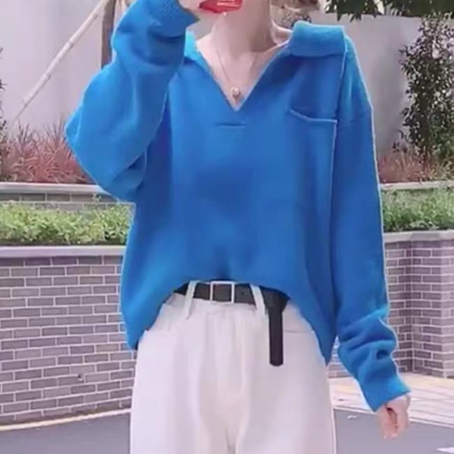 カジュアルコーデ 秋冬新作襟付きブイネックニットセーター