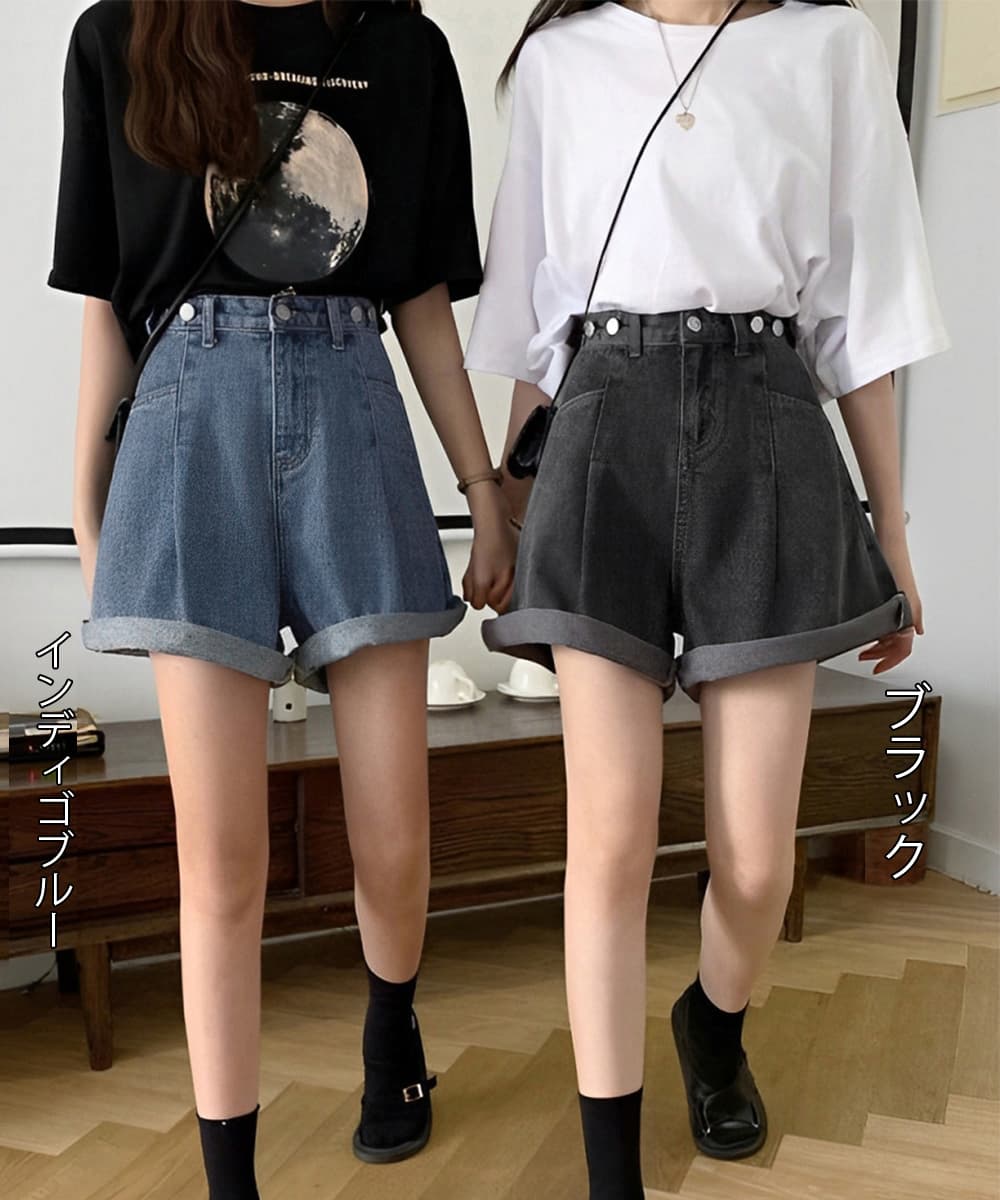 カジュアルコーデ ウエスト調節可能デニムパンツ美脚ハイウエスト短パン