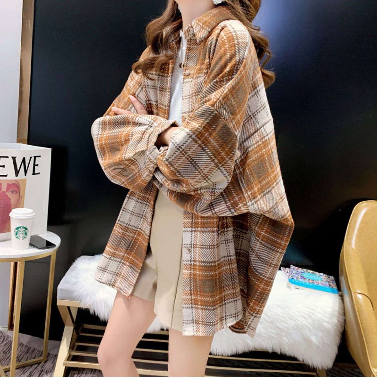 カジュアルコーデ オーバーサイズチェック柄シャツジャケット