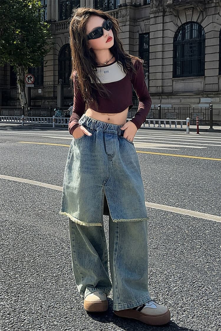 カジュアルコーデ デザイン切替レイヤードデニムパンツ