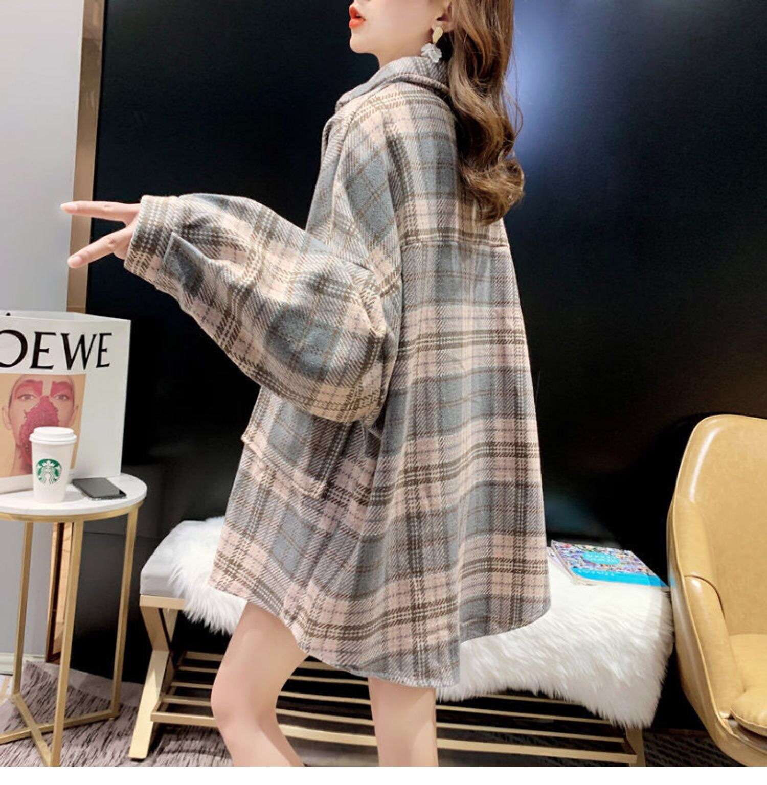 カジュアルコーデ オーバーサイズチェック柄シャツジャケット