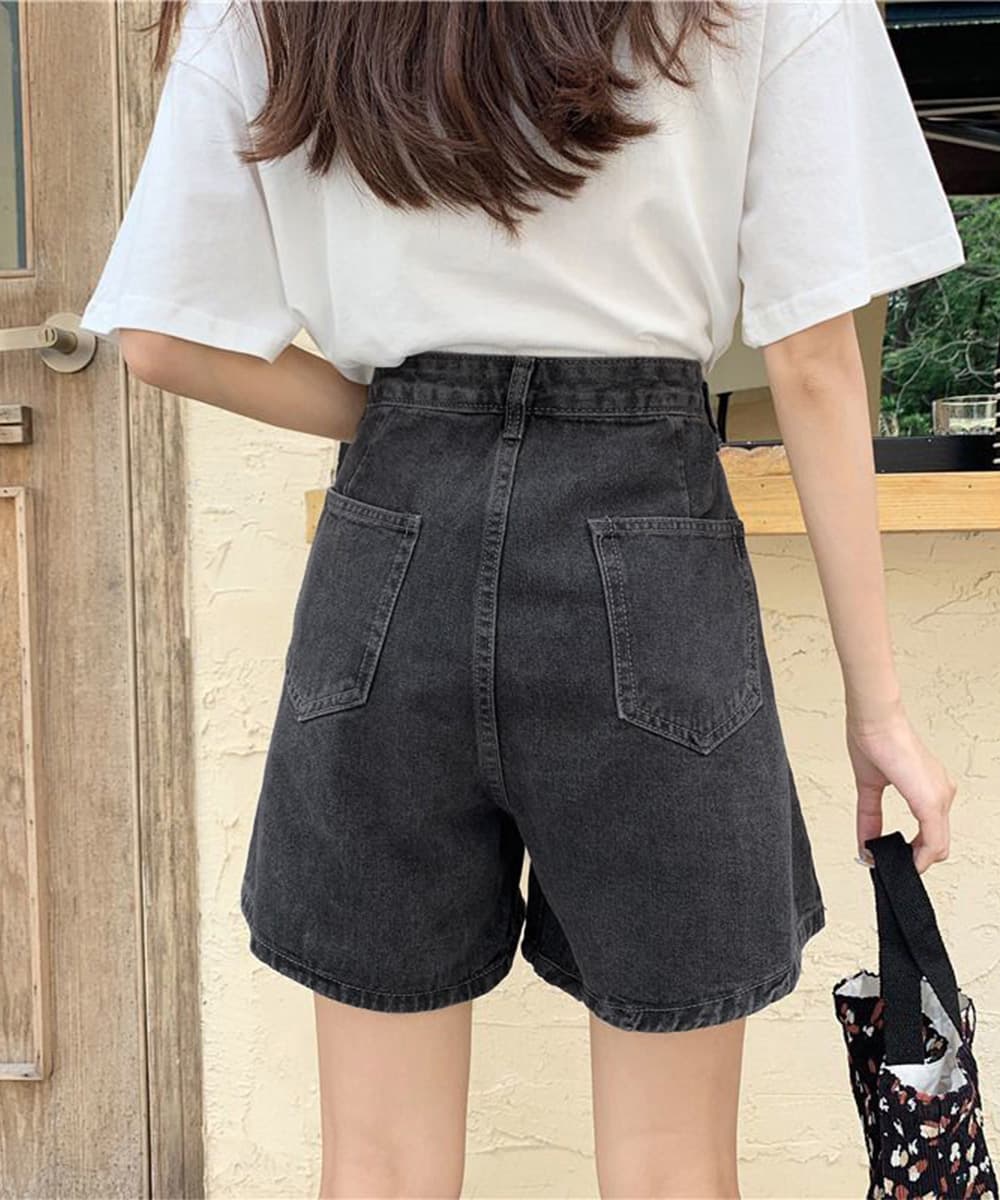カジュアルコーデ ウエスト調節可能デニムパンツ美脚ハイウエスト短パン