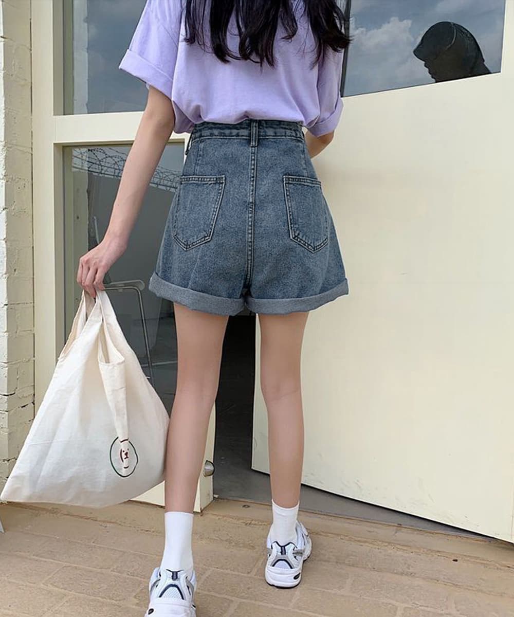 カジュアルコーデ ウエスト調節可能デニムパンツ美脚ハイウエスト短パン