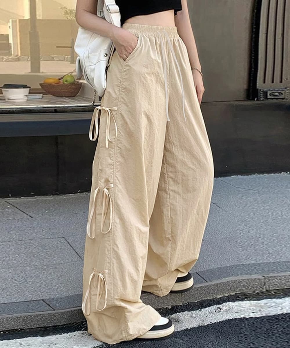 カジュアルコーデ サイドリボン ワイドカーゴパンツ 春夏