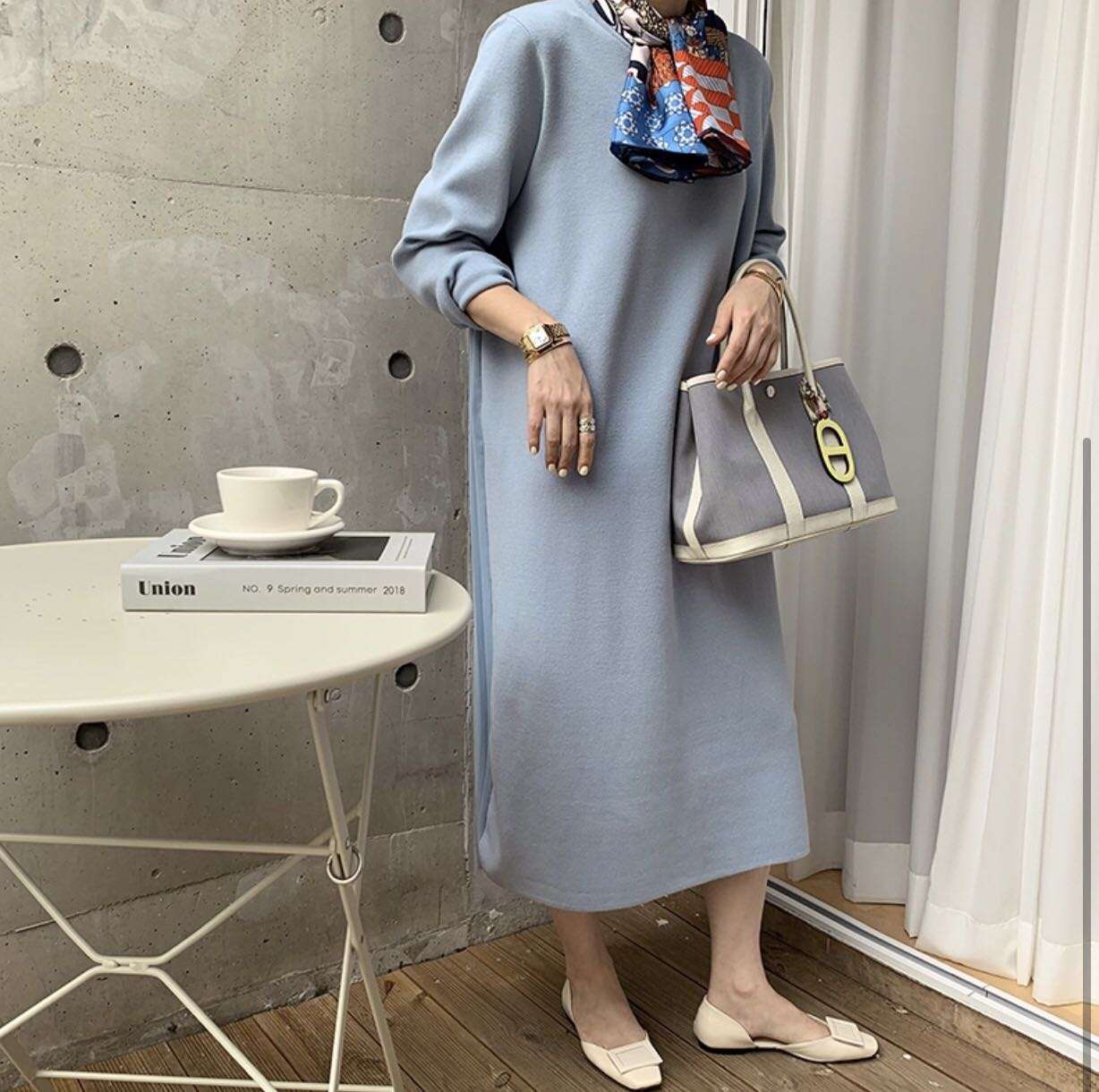 カジュアルコーデ プリーツ切替えロングワンピース
