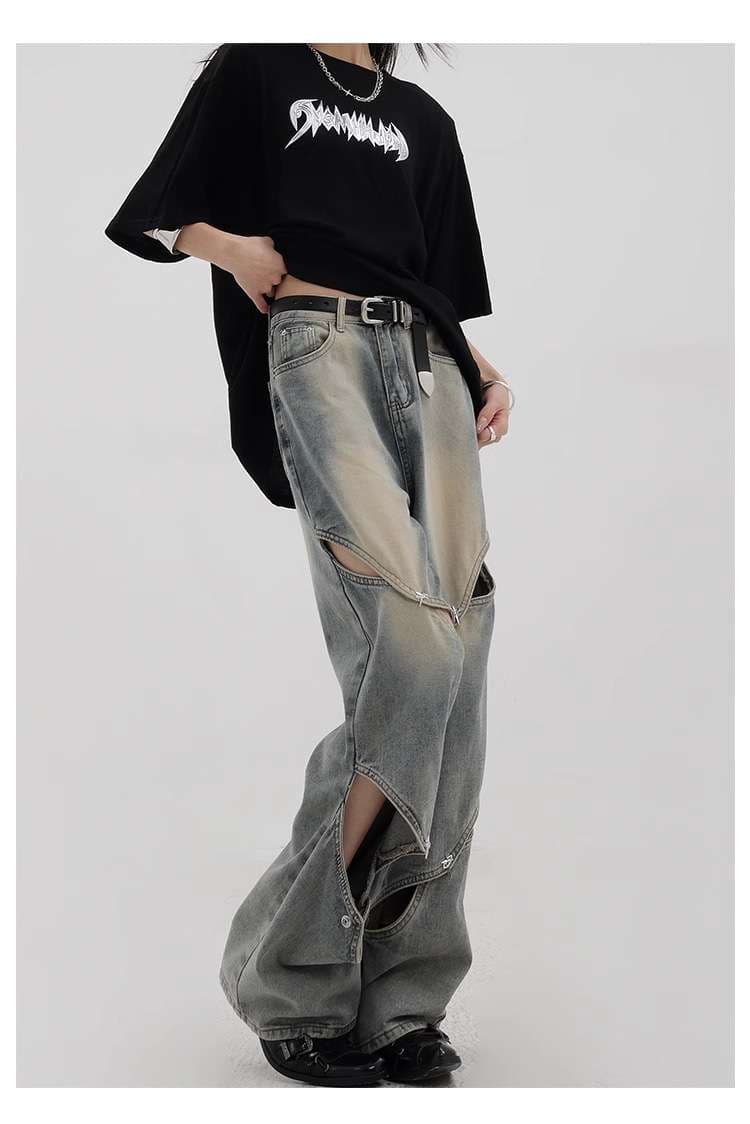 カジュアルコーデ カットアウトデザイン ワイドデニムパンツ