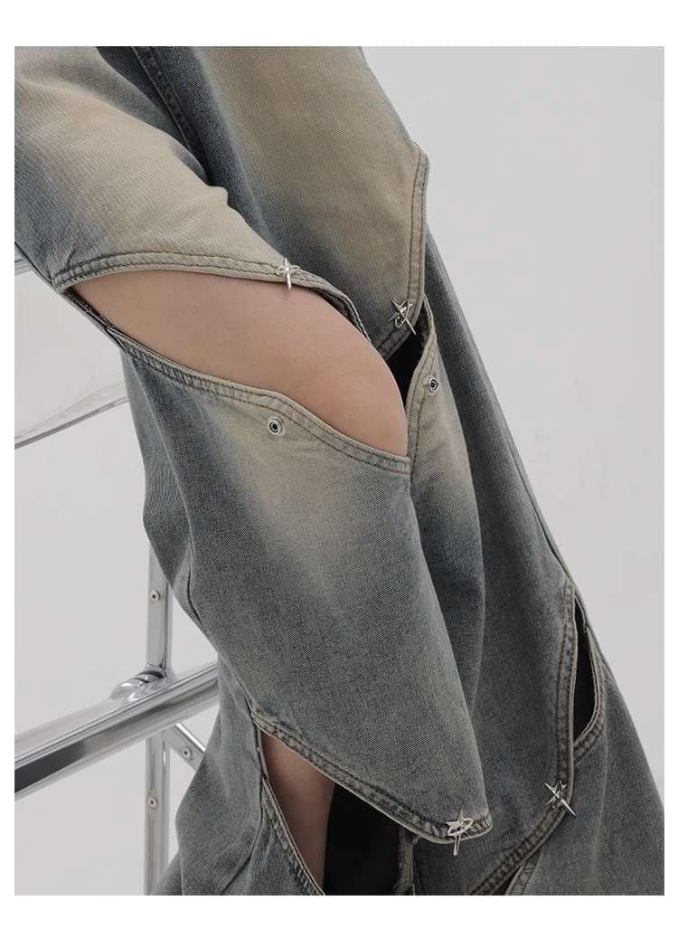 カジュアルコーデ カットアウトデザイン ワイドデニムパンツ