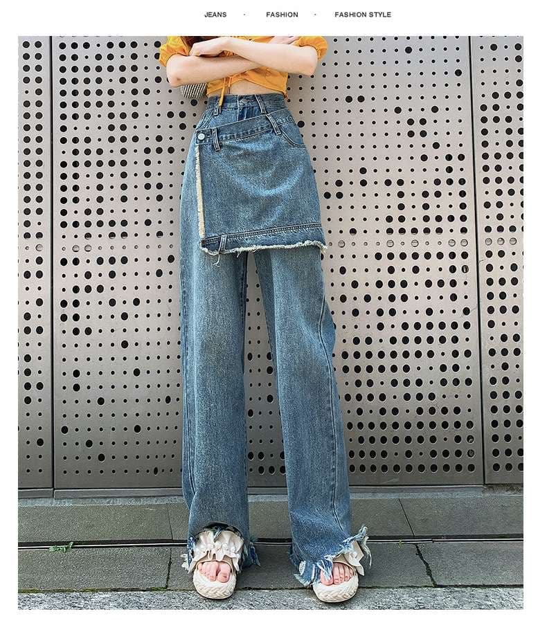カジュアルコーデ デニムスカート付きワイドパンツ