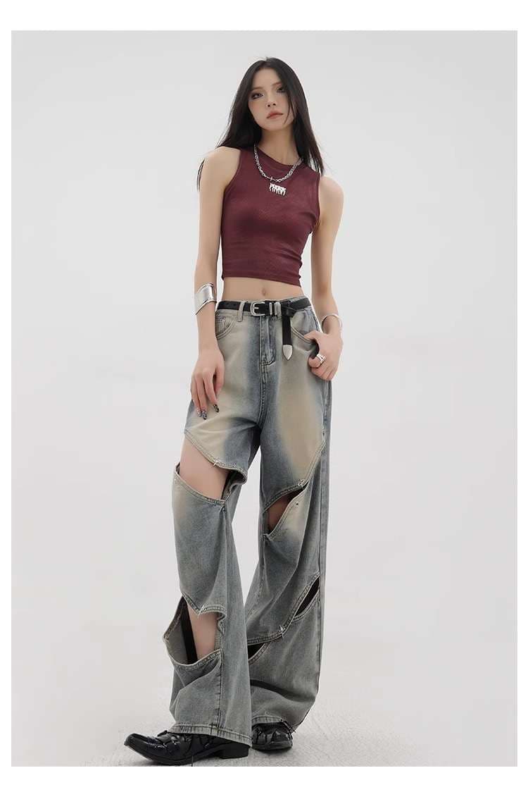 カジュアルコーデ カットアウトデザイン ワイドデニムパンツ