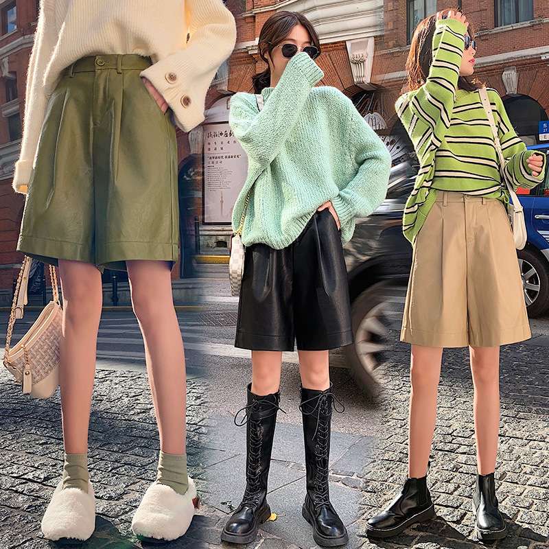 カジュアルコーデ ワイドシルエット レザー調バミューダパンツ