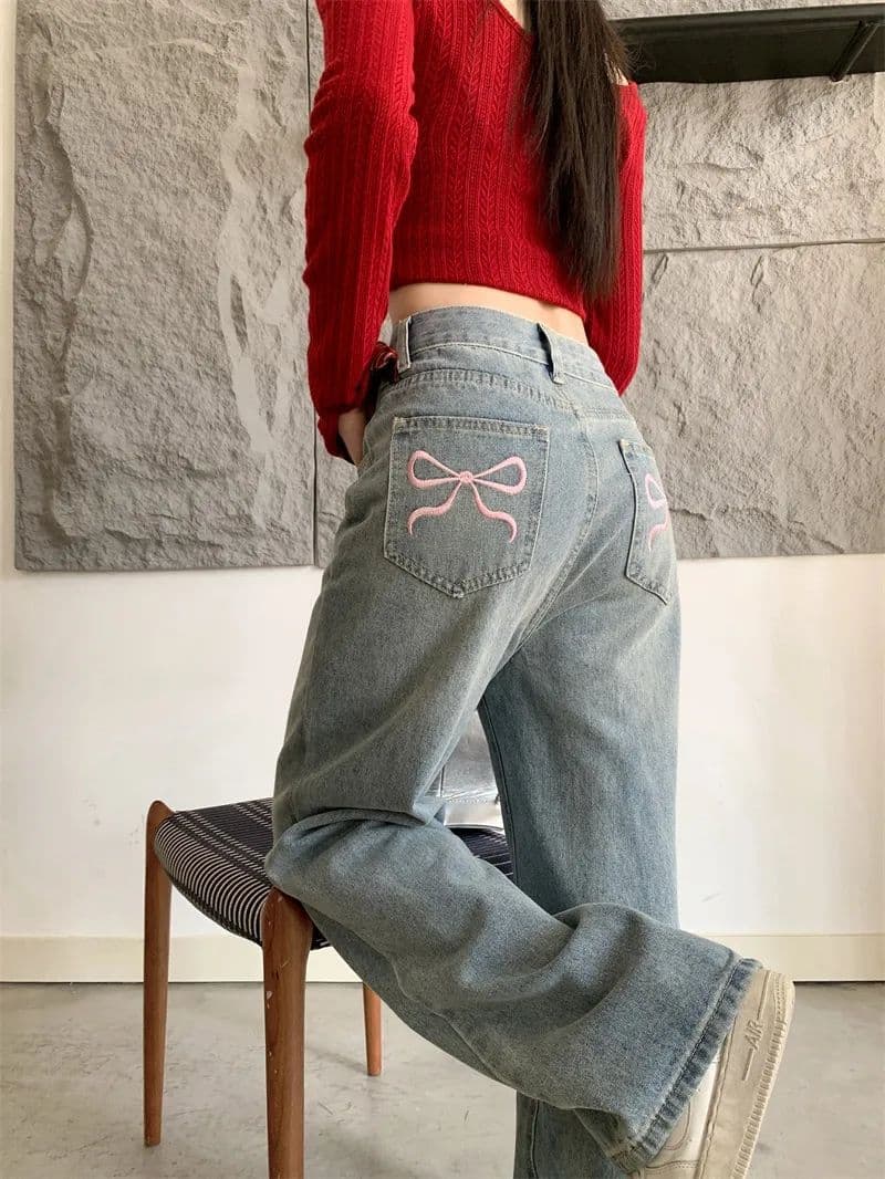 カジュアルコーデ カジュアルコーデ リボン刺繍入りワイドデニムパンツ
