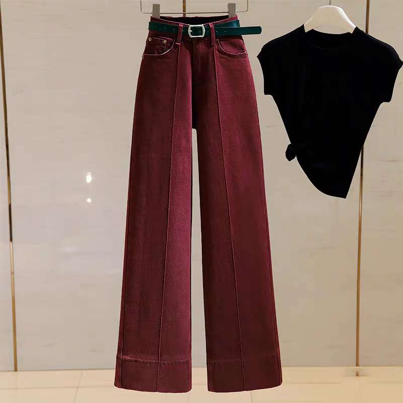 カジュアルコーデ ハイウエストワイドレッグデニムパンツ