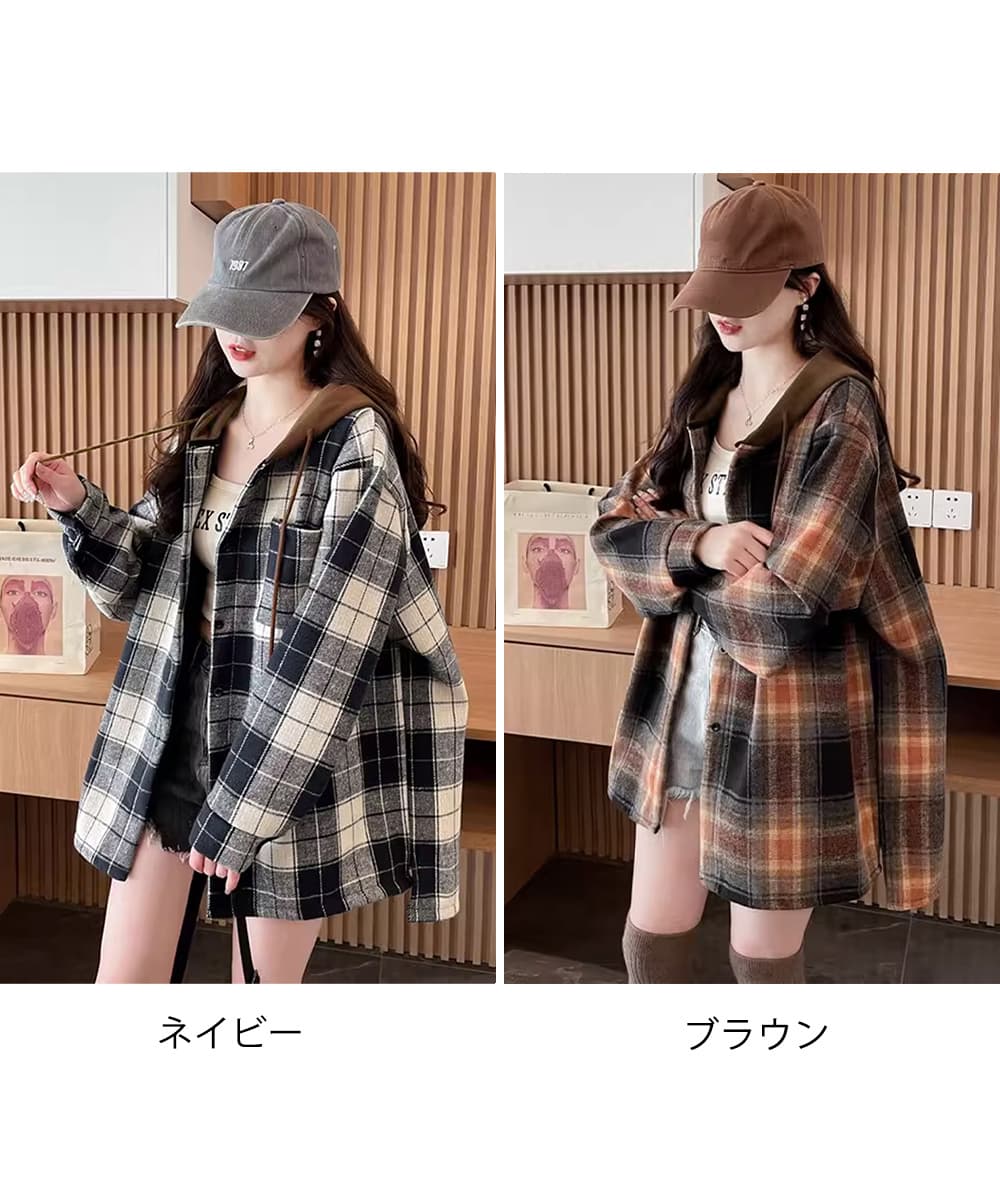 カジュアルコーデ チェック柄フード付きシャツ 重ね着風レディース