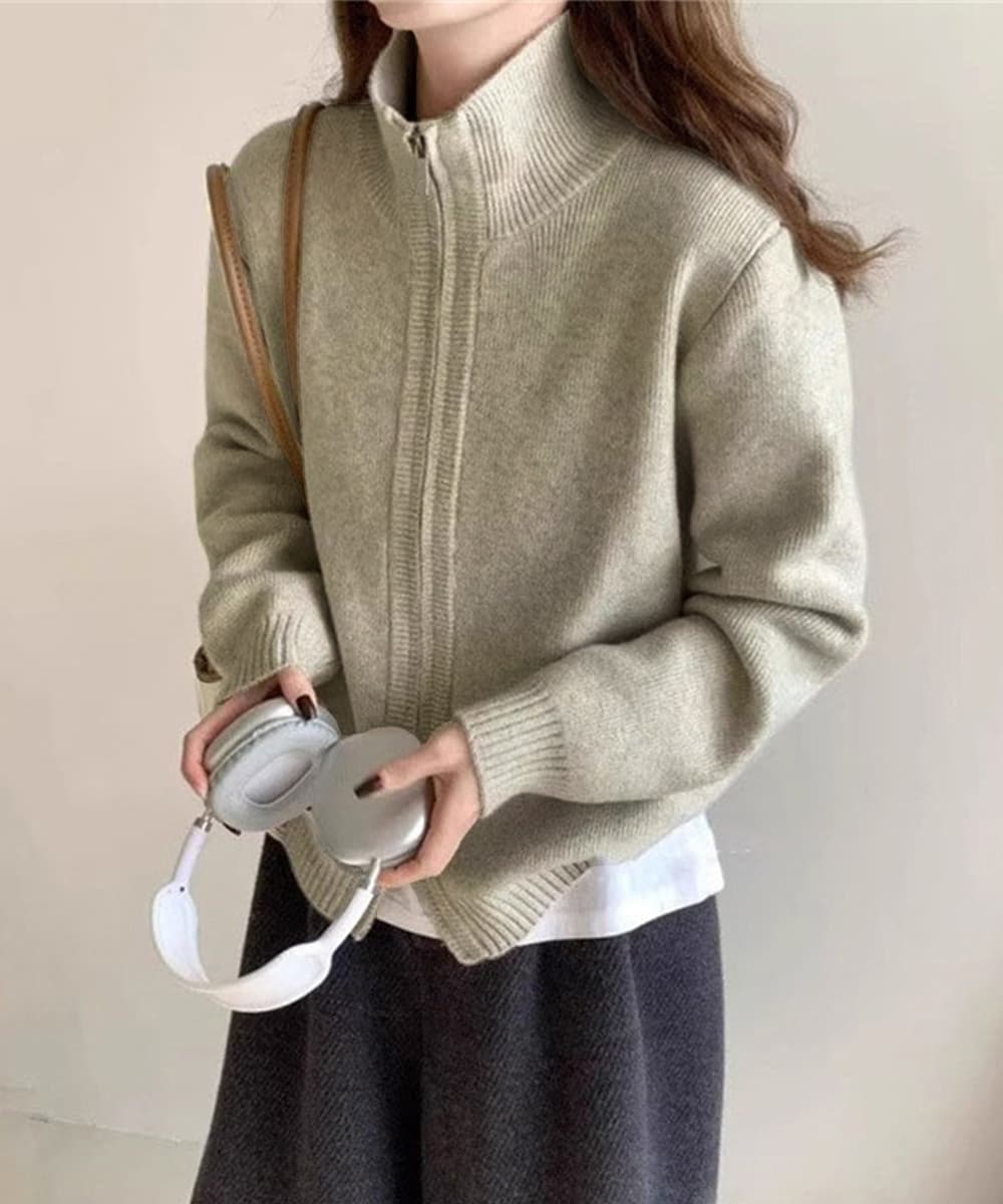 カジュアルコーデ 二重ファスナーニットカーディガン レディース