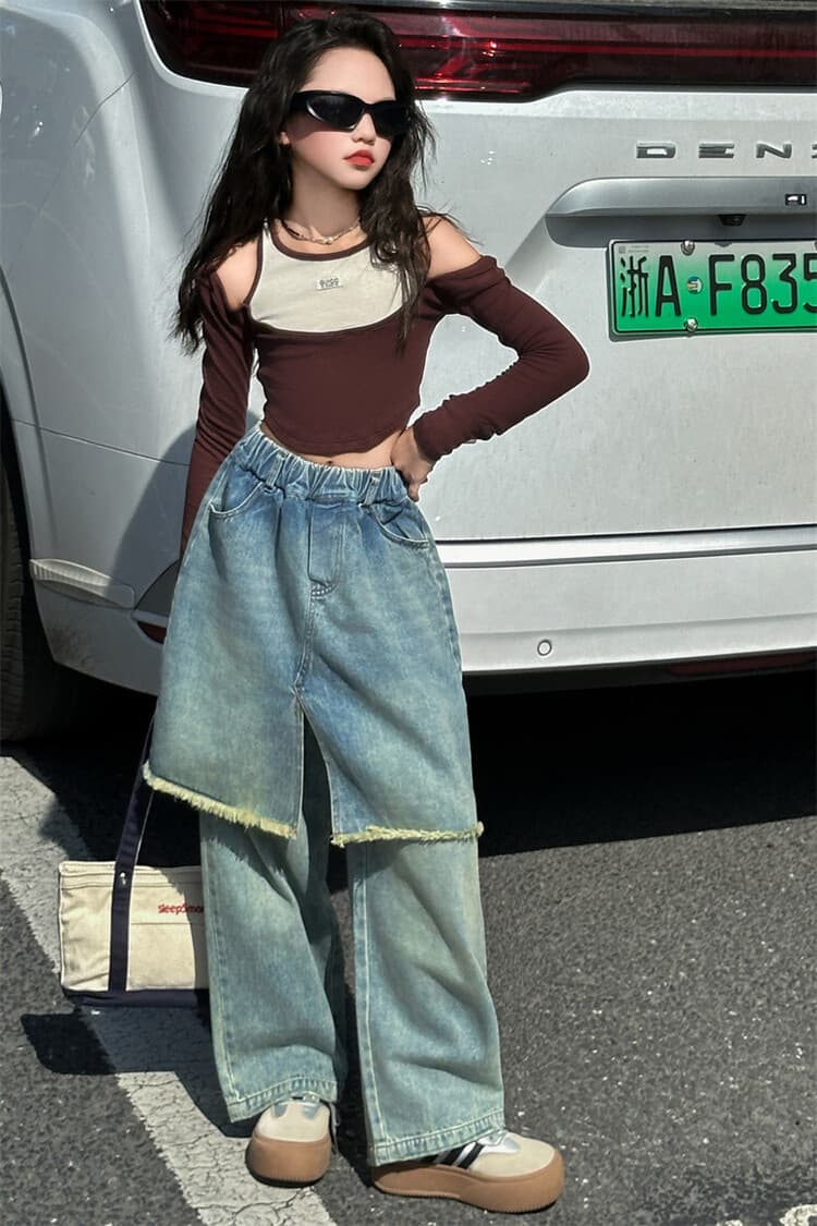 カジュアルコーデ デザイン切替レイヤードデニムパンツ