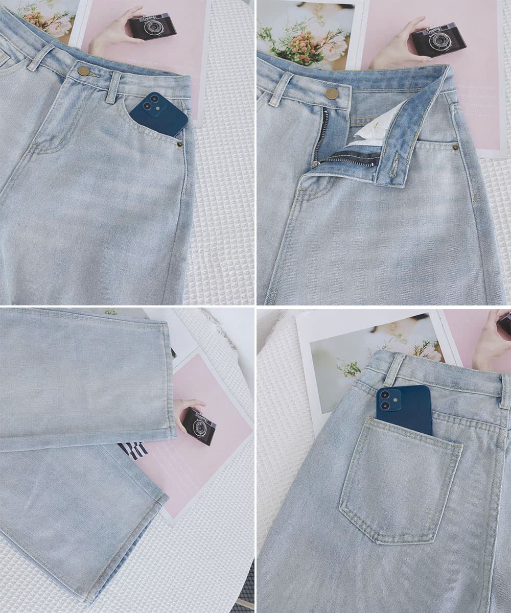 カジュアルコーデ ハイウエストダメージ加工デニムパンツ