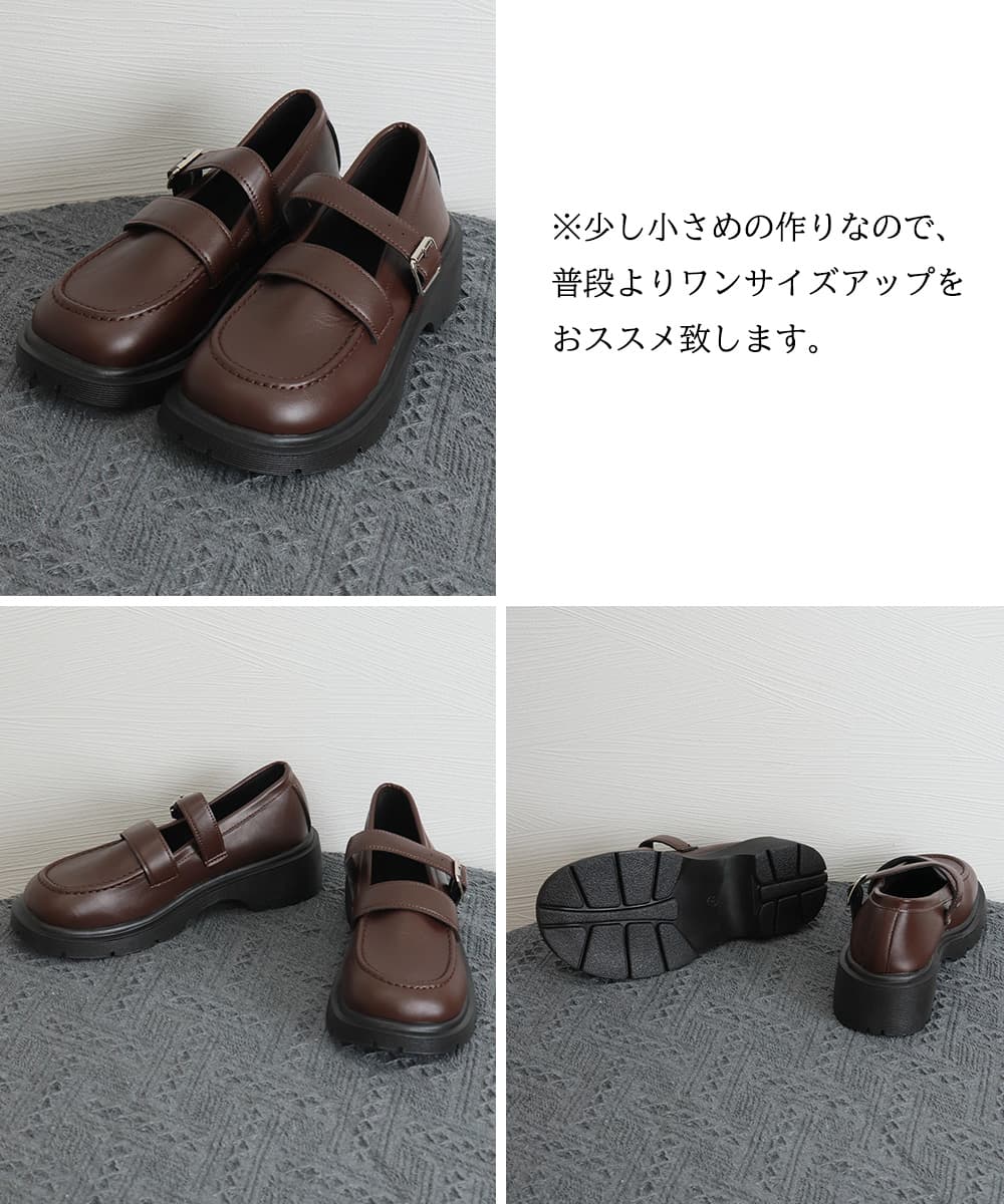 カジュアルコーデ 厚底ローファースニーカー レディース ストラップ付き太ヒール