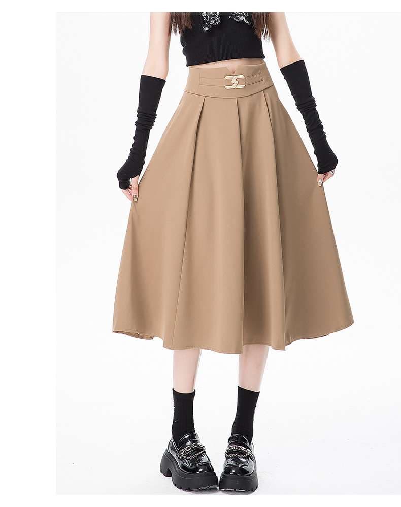 カジュアルコーデ ハイウエストプリーツミディスカート