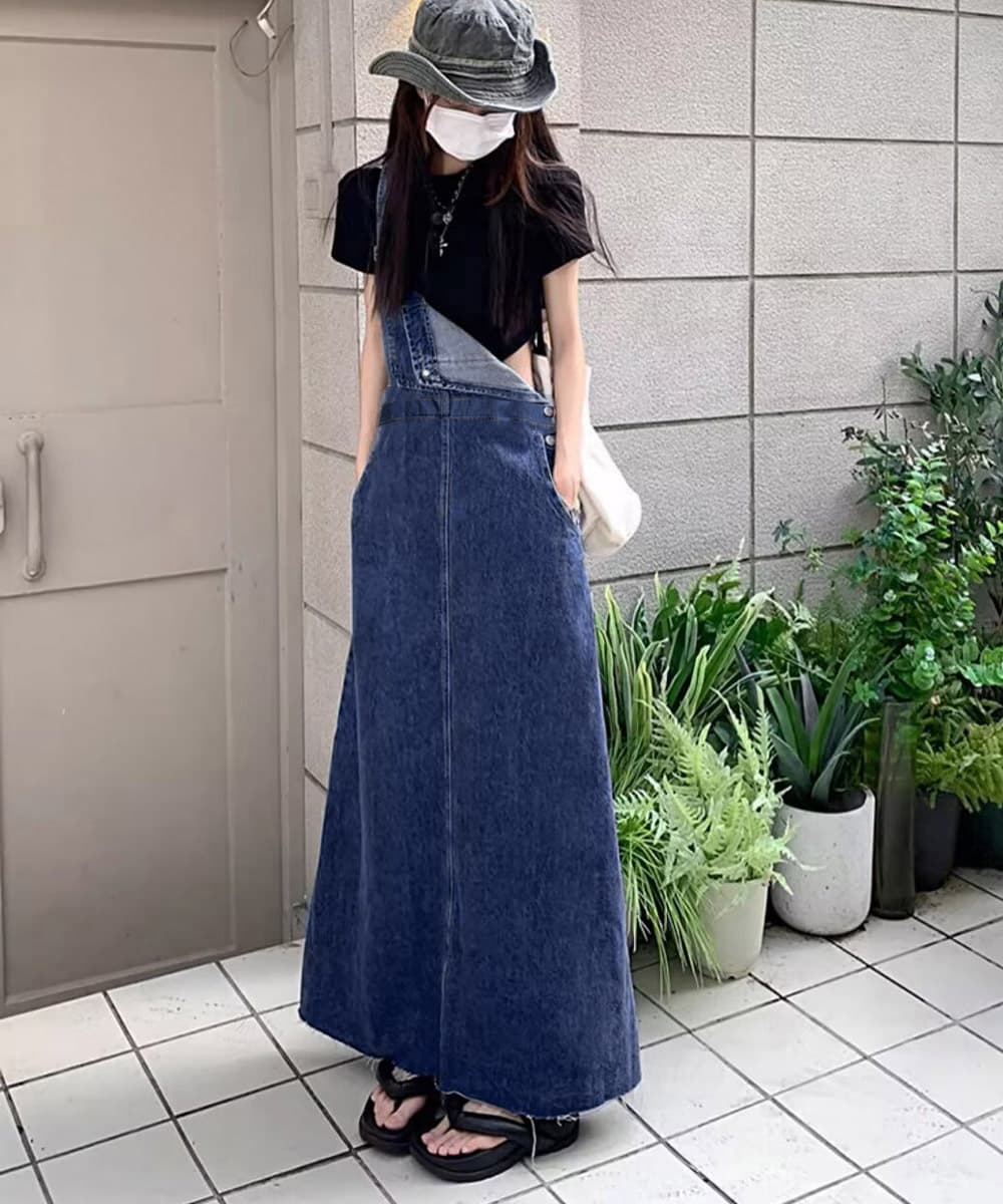 カジュアルコーデ マキシ丈デニムサロペットワンピース 韓国風