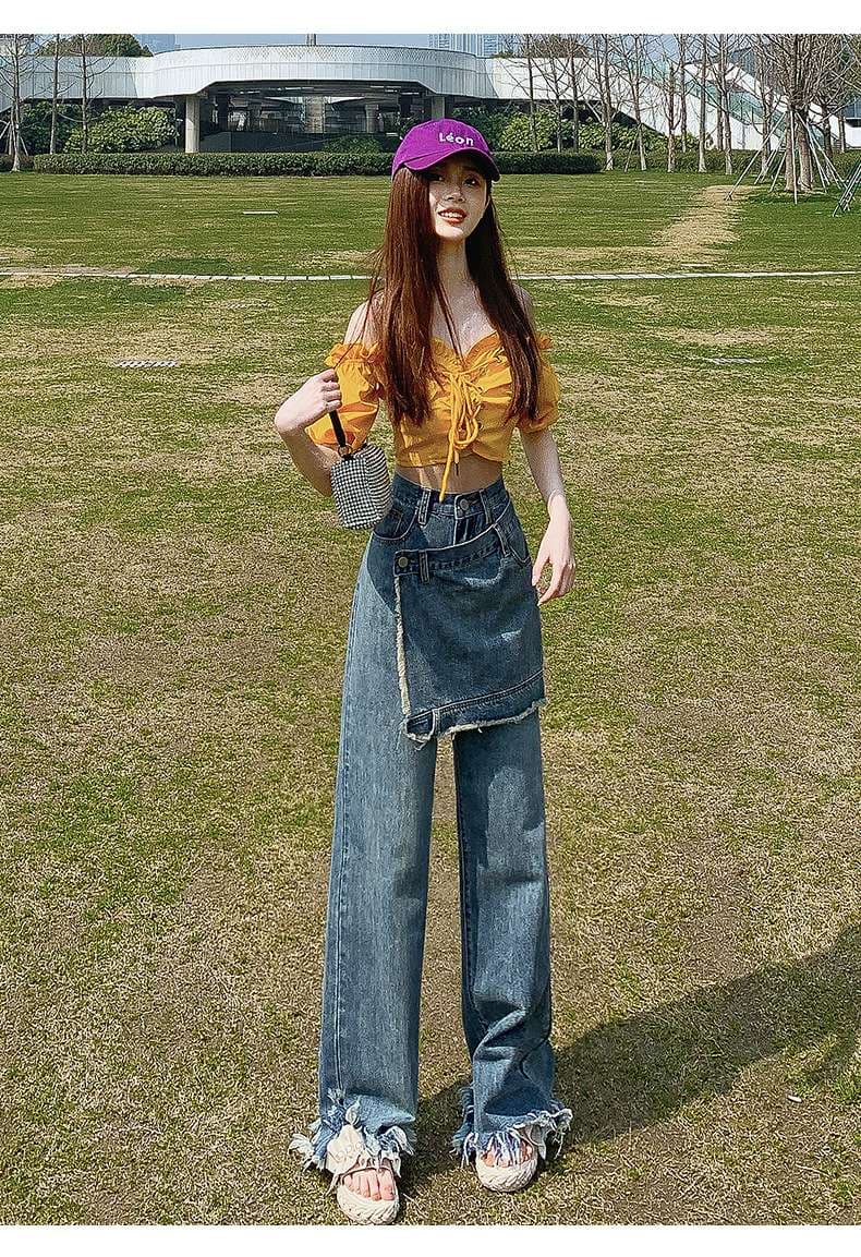 カジュアルコーデ デニムスカート付きワイドパンツ