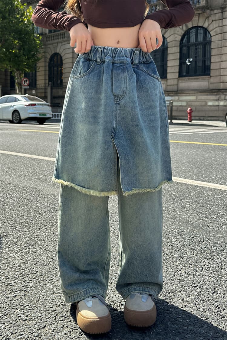 カジュアルコーデ デザイン切替レイヤードデニムパンツ