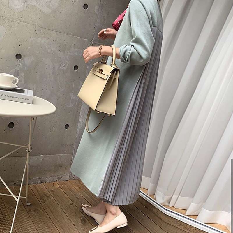 カジュアルコーデ プリーツ切替えロングワンピース