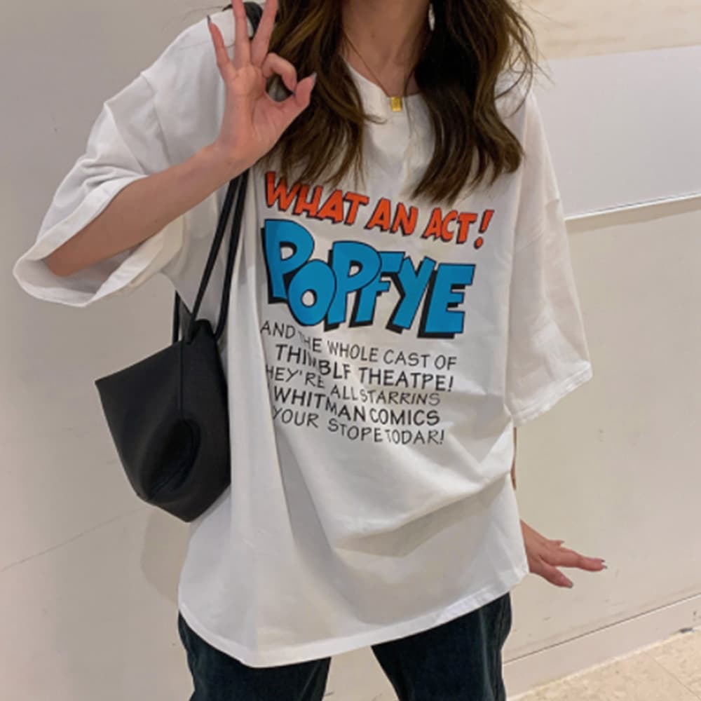 カジュアルコーデ デザインロゴ ゆったりトップス 半袖Tシャツ