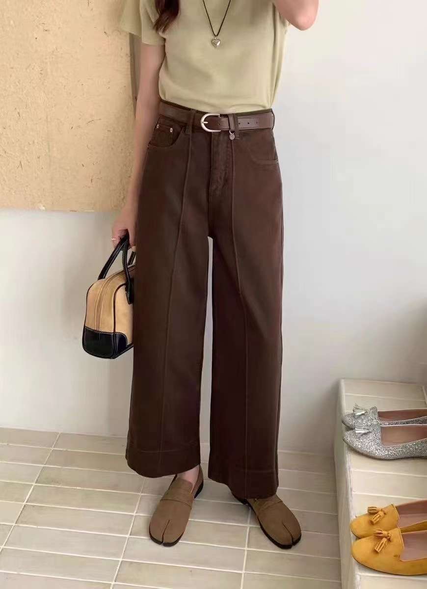 カジュアルコーデ ハイウエストワイドレッグデニムパンツ